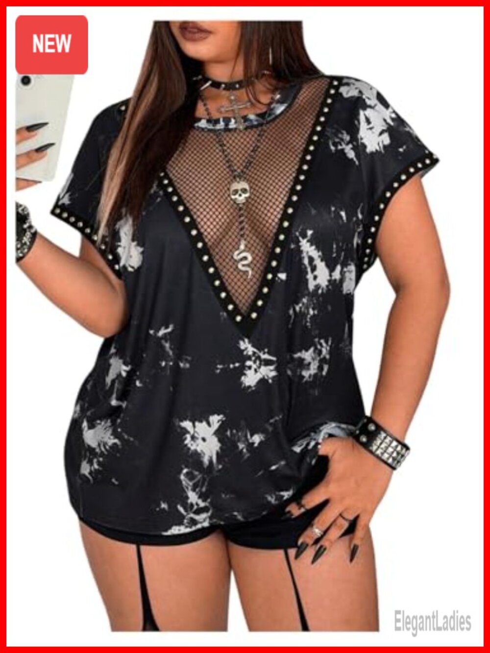 Plus Size Y2K Mesh Studded Tie Dye Short Sleeve Punk Tee